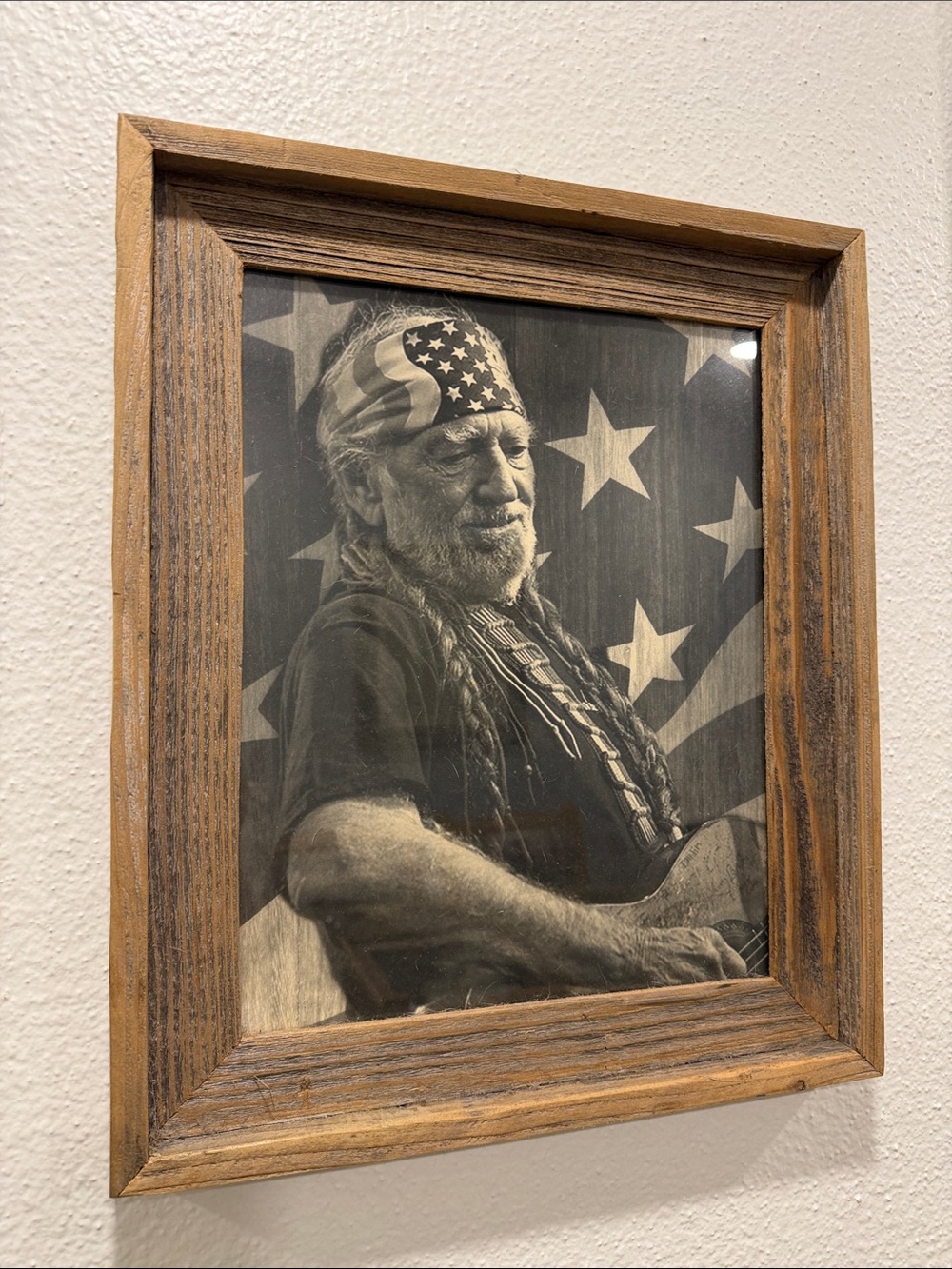 Framed Rustic Wood Wall Art - Sepia Portrait with American Flag Bandana